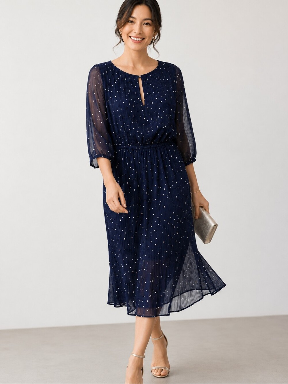 Babaton Aritzia Pieter Dark Navy Polka Dot Pleated Chiffon Midi Dress Women's XS